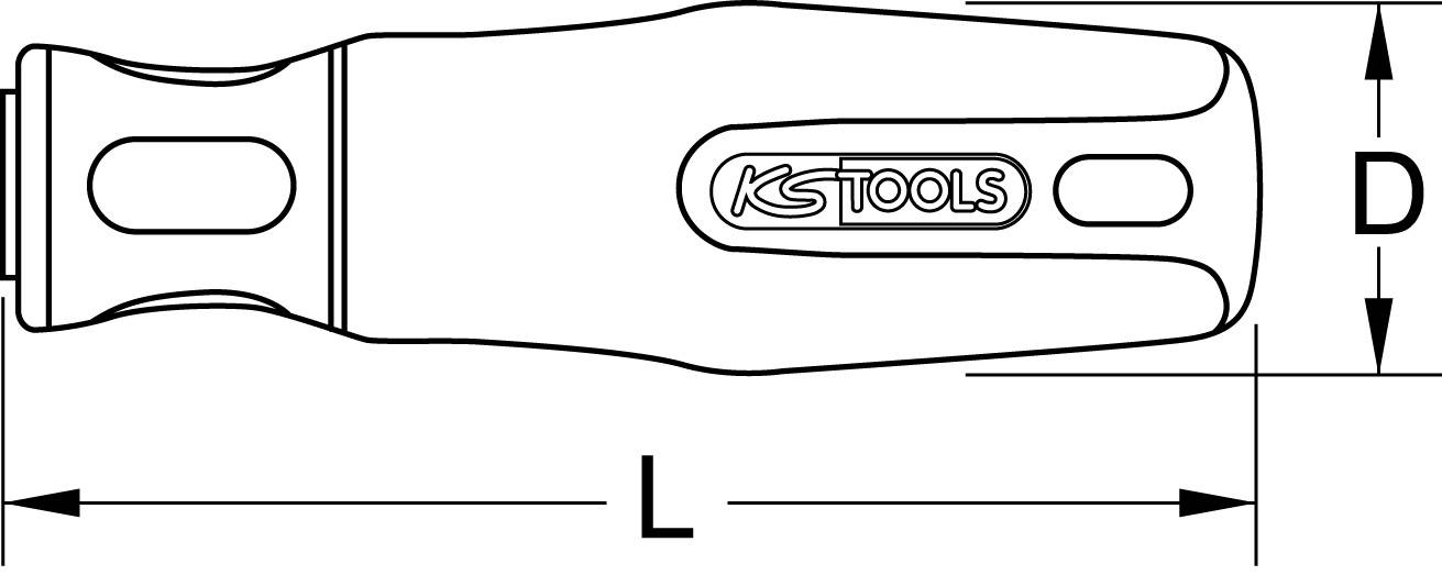 Technische Zeichnung eines Schraubenziehergriffs mit den Maßen L für Länge und D für Griffdurchmesser, markiert mit 'KS TOOLS'.