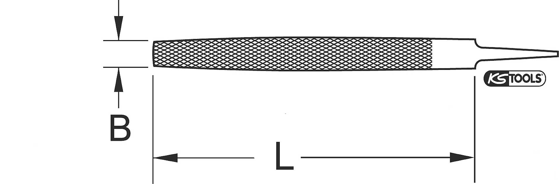 'KS Tools' Feile, Draufsicht, zeigt Länge (L) und Breite (B) des Griffs.