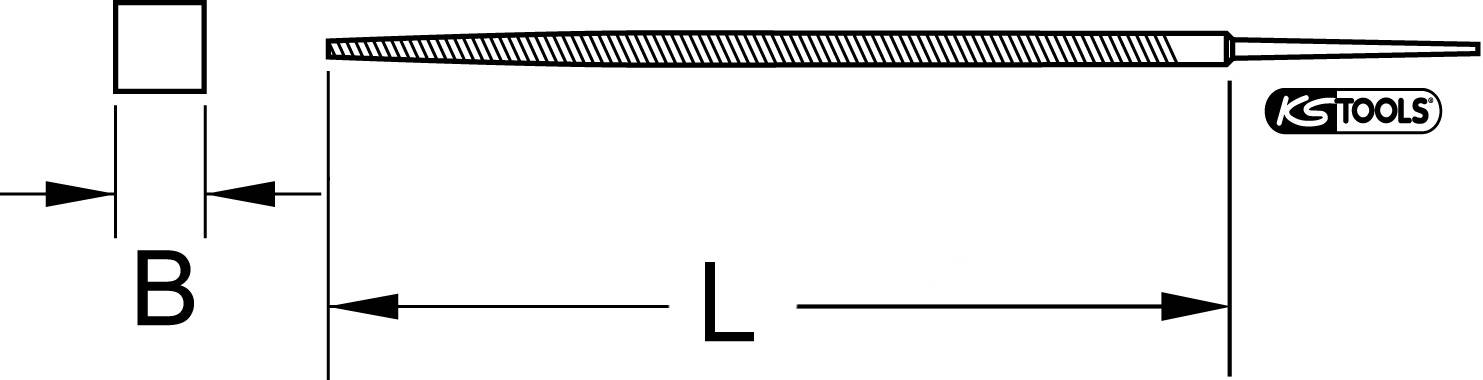 Zeichnung einer quadratischen Nadelfeile mit Abmessung B (Breite) und L (Länge) sowie dem KS Tools Logo.