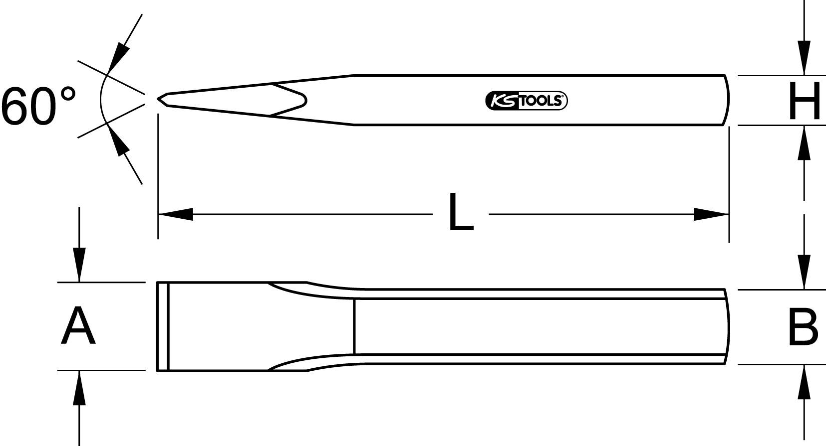 Zeichnung eines Meißels mit 60° Winkelform. Maße A, B, H und L sind angegeben. Produkt ist von KS Tools.