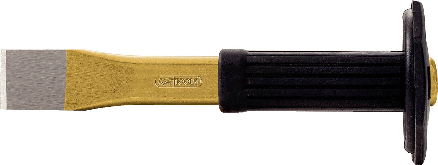 Ein gelbes, flaches Stemmeisen mit schwarzem, geripptem Griff und Schutz, liegt horizontal.