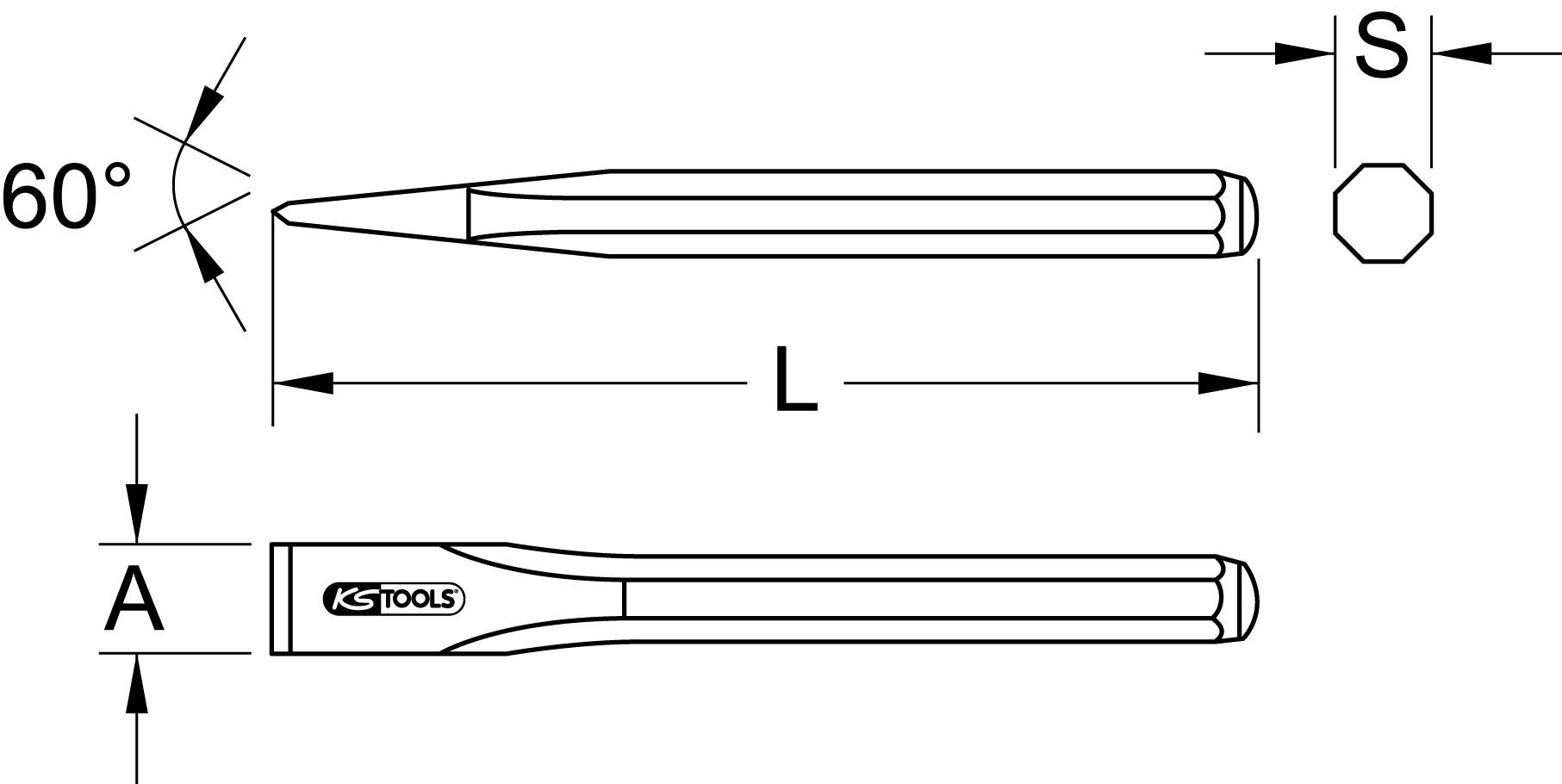 Technische Zeichnung eines Flachmeißels. Zeigt Kantenwinkel (60°), Gesamtlänge (L), Spitzenbreite (A) und Sechskantstärke (S).