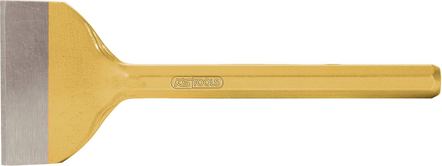 Ein gelber Meißel mit Metallklinge, geeignet für das Bearbeiten von Stein oder Beton.