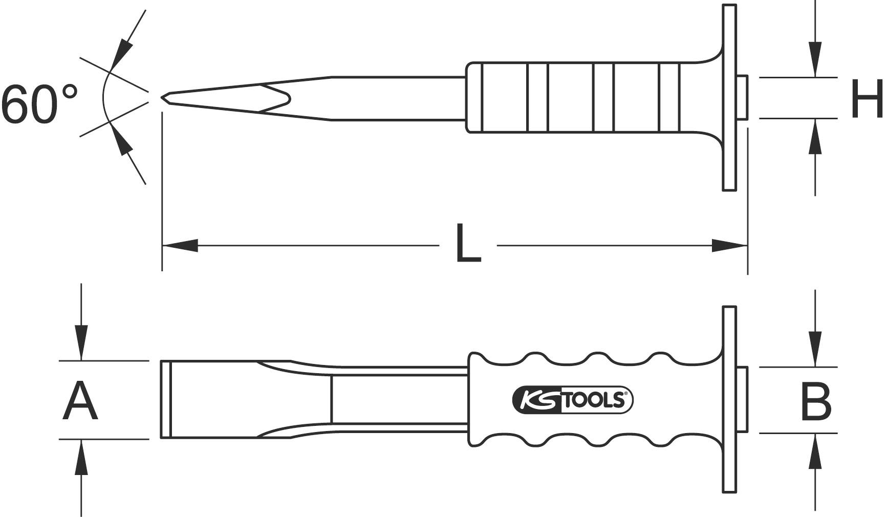 Abbildung zeigt einen Meißel mit den Maßen: Schneidwinkel 60°, Länge L, Höhe H, Breite A, Breite B. Markenname 'KS Tools' auf Griff.