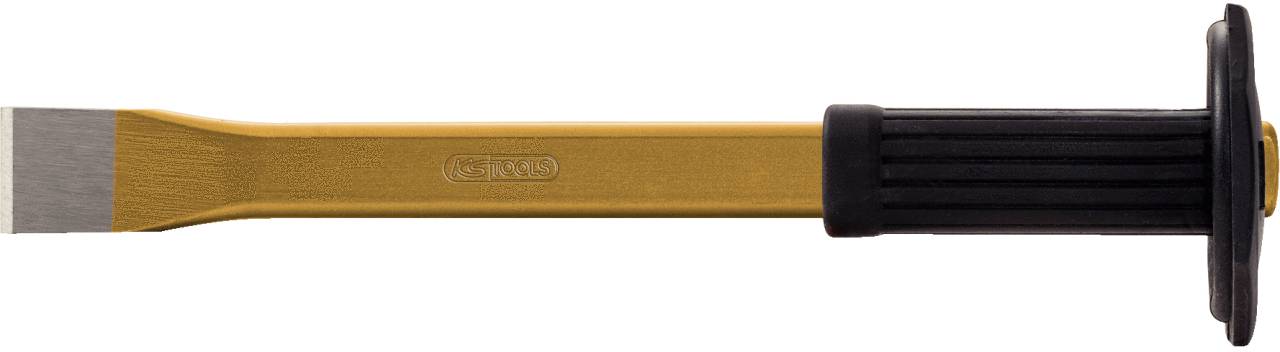 Ein Metallschaber mit schwarzem Griff und gelbem Schaft, geeignet zum Entfernen von Materialien von Oberflächen.