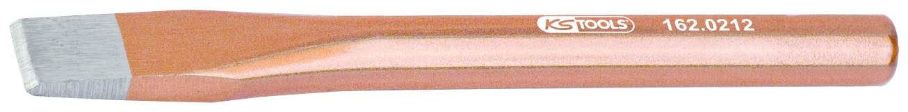 Ein flacher, metallischer Meißel mit orangefarbenem Griff, geeignet zum Schneiden und Bearbeiten von Materialien.