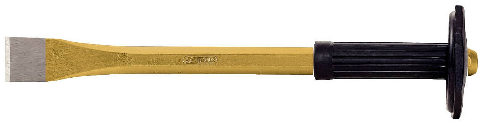 Flachmeißel mit gelbem Griff und schwarzem Handschutz, geeignet zum Bearbeiten von Metall oder Stein.