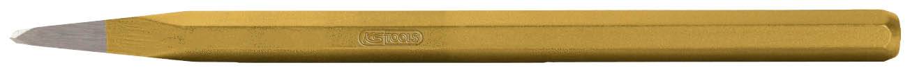 Ein gelber Meißel mit einer Metallspitze, seitlich liegend.