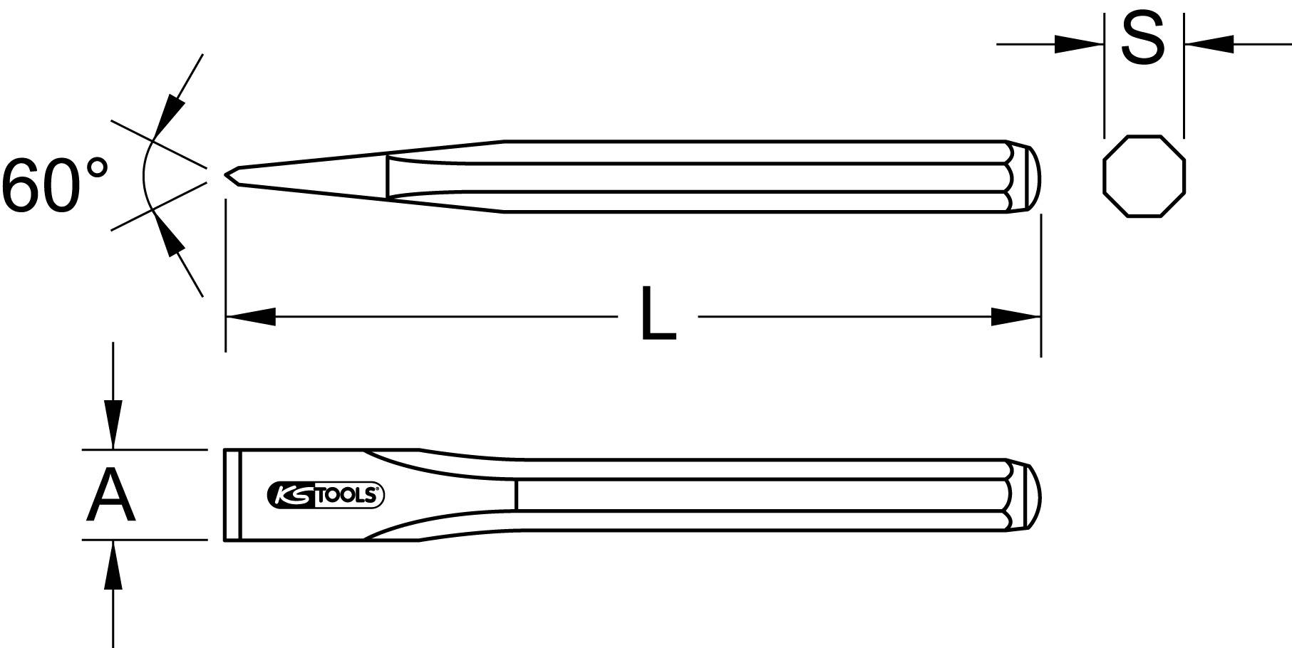 Abmessungsdiagramm eines Spitzmeißels. Zeigt Gesamtlänge (L), Kopfdurchmesser (S), Schneidewinkel (60°) und Sechskantmaß (A).