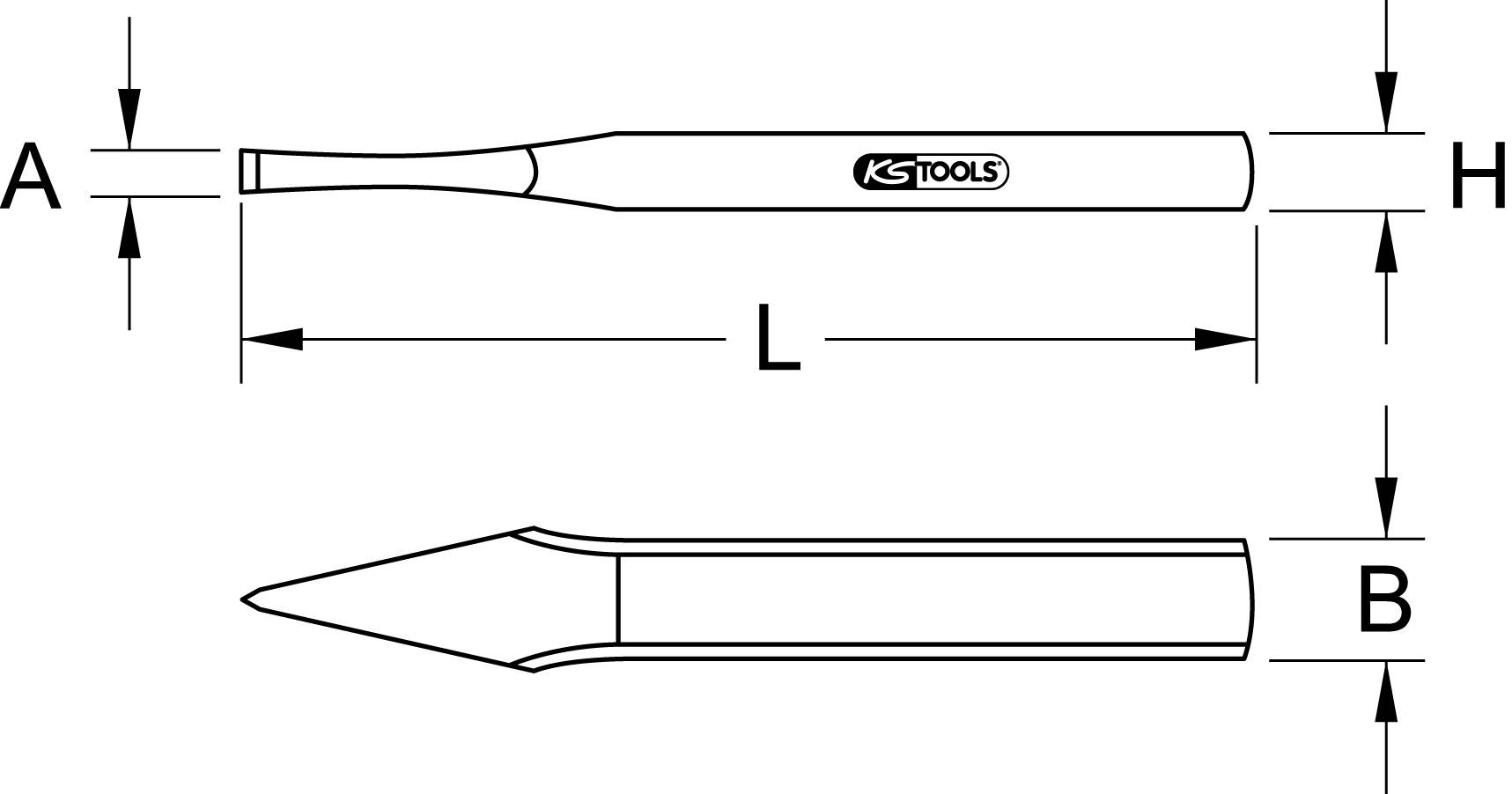 Technische Zeichnung eines Meißels mit den Maßen: A, B, L, H. Oben flach, unten spitz zulaufend. Markiert mit KS Tools-Logo.