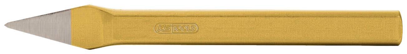 Ein goldfarbenes, rechteckiges Werkzeug mit einer spitz zulaufenden Klinge aus Metall auf der linken Seite.