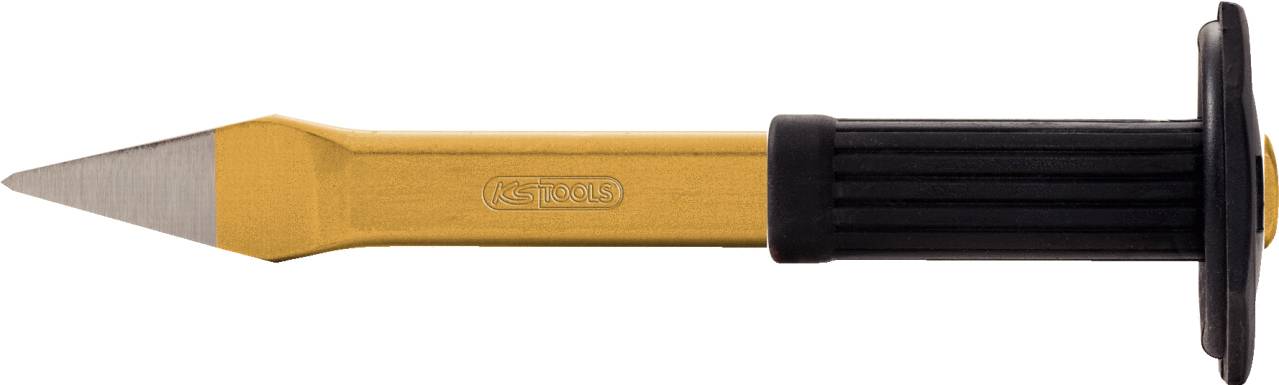 Ein gelber Flachmeißel mit schwarzem Griff und Handschutz, geeignet zum Bearbeiten von Stein oder Metalloberflächen.