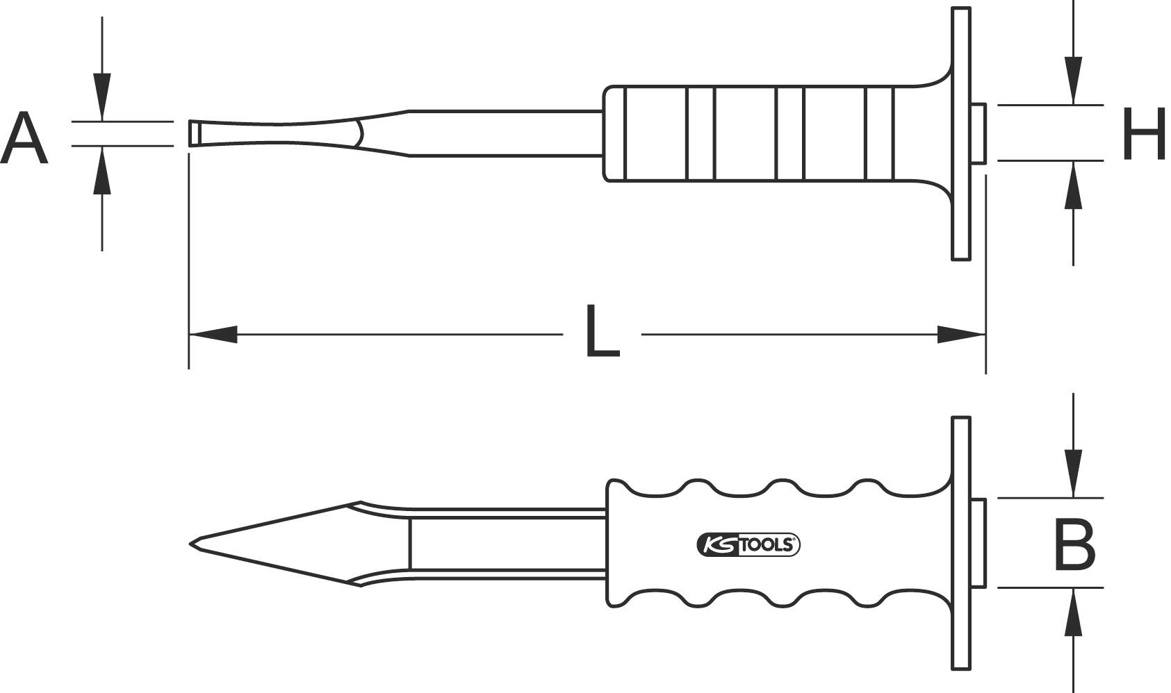 Ein Flachmeißel mit T-Griff, Maßangaben: A (Breite Spitze), B (Breite Griff), H (Höhe Griff), L (Gesamtlänge), gezeigt in zwei Ansichten.