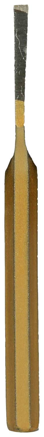 Ein hölzerner Cricket-Schläger mit dunklem Griff und schmalem Profil, von oben nach unten im Bild dargestellt.