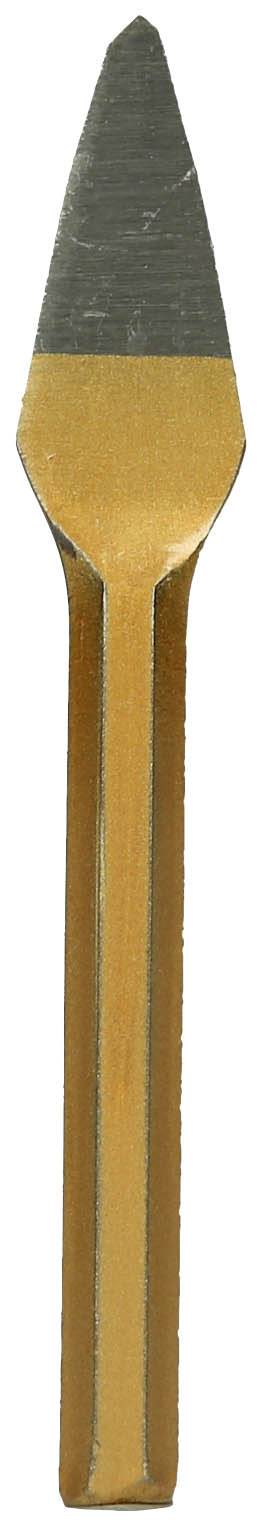 Goldfarbener Gravierstichel mit spitzer, metallischer Spitze, aufrecht stehend; Werkzeug zur Holz- oder Metallbearbeitung.