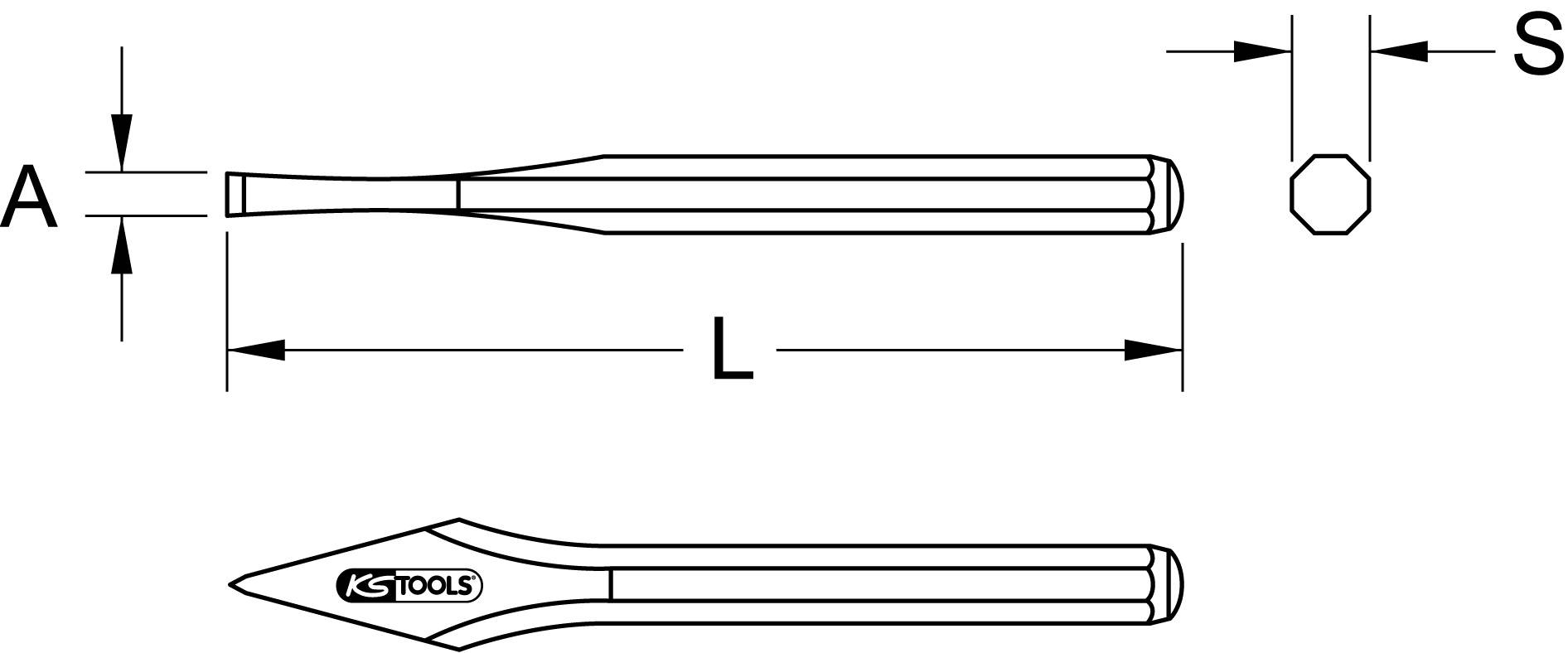 Zeichnung eines Flachmeißels mit Maßen: Breite 'A', Länge 'L', und Schlüsselweite 'S'. Markierung: 'KS Tools'.