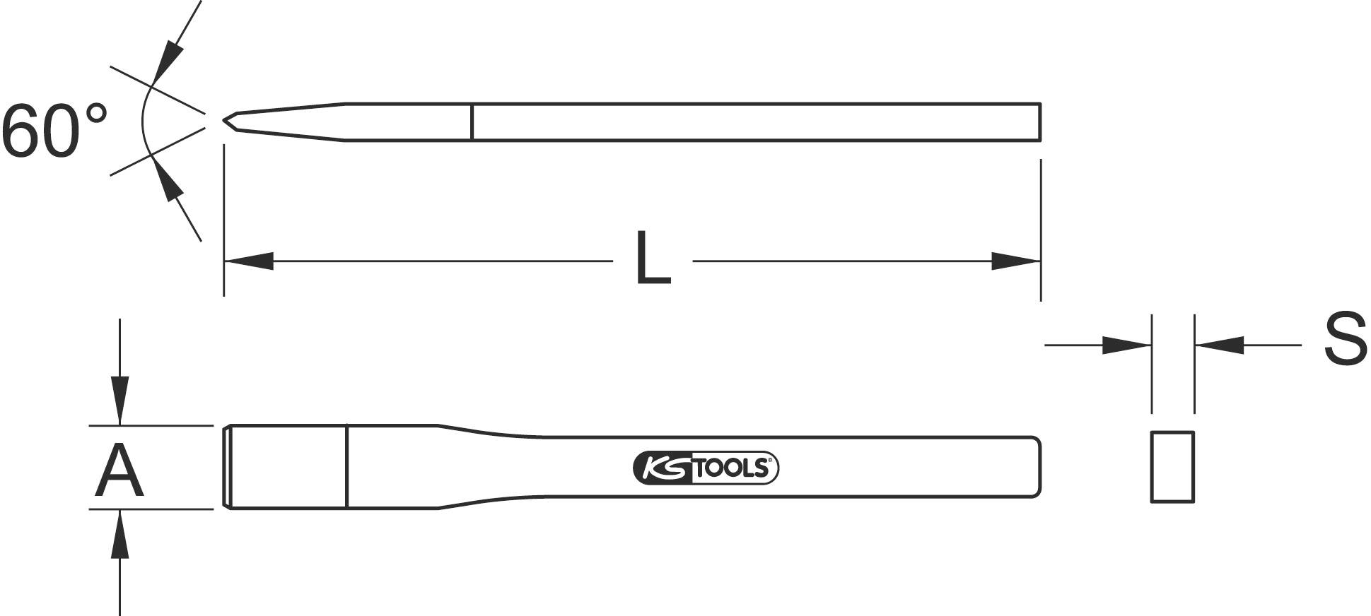 Technische Zeichnung eines Spitzmeißels mit Maßen: 60° Spitze, Länge (L), Breite (S), seitlicher Querschnitt (A), mit KS Tools-Logo.
