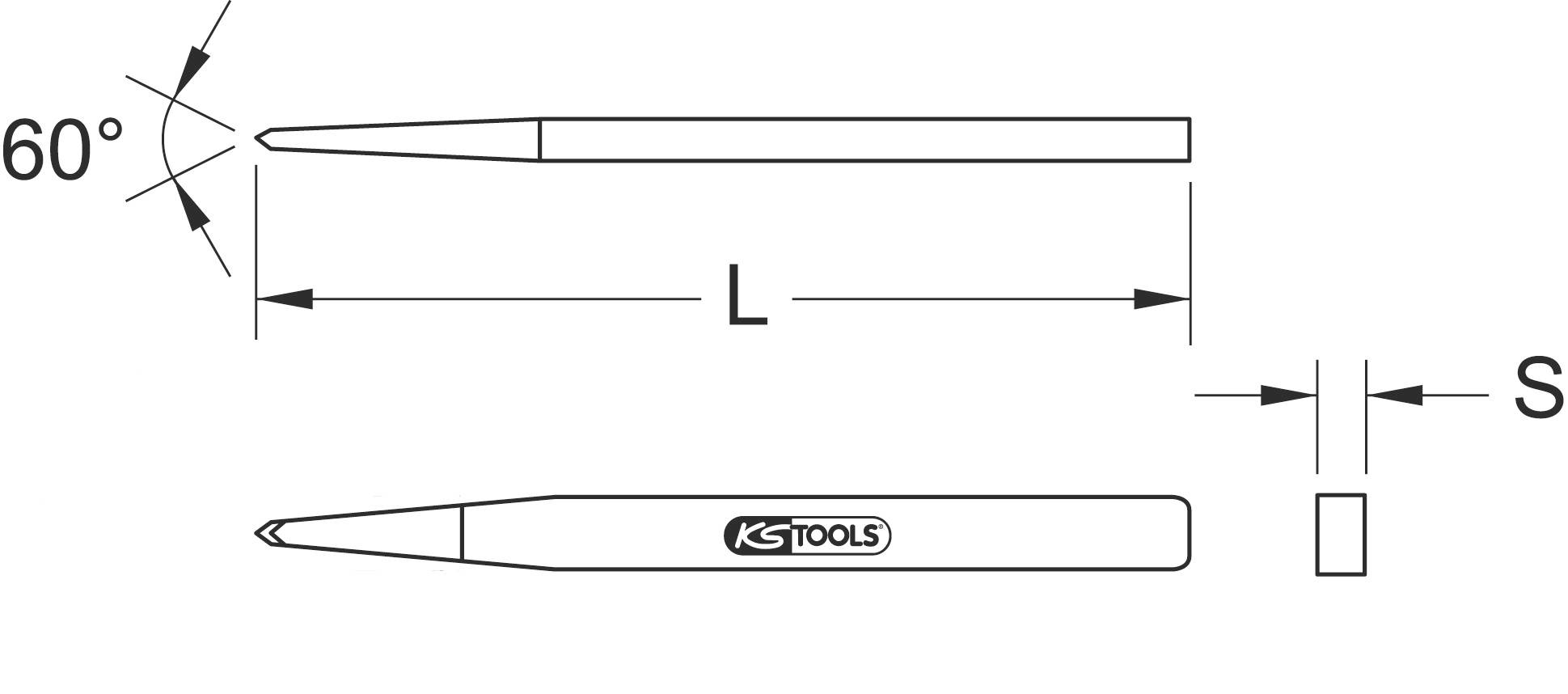Illustration eines parallelen Stempels mit einer 60° Spitze. Oben ist die Seitenansicht und unten die Seitenansicht inklusive Markenlogo. Markierungen für Länge 'L' und Breite 'S'.