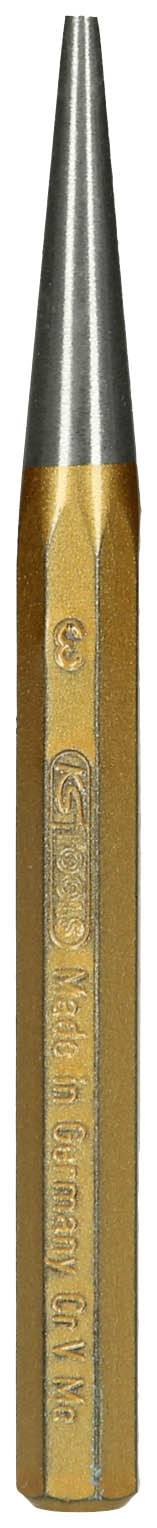 Ein Kugelschreiber-Metallklipp, goldfarben, mit graviertem Text, der schwer lesbar ist, zeigt eine schmale, konisch geformte Spitze.