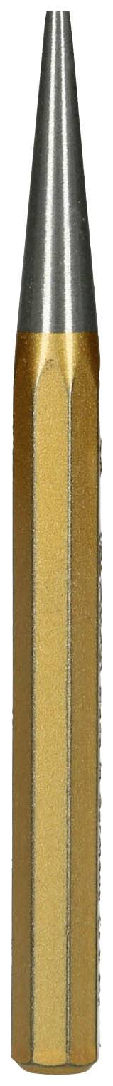 Eine einzelne Patronenkugel, goldfarben mit silberner Spitze, vor weißem Hintergrund.