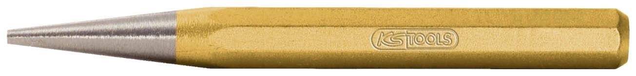 Ein goldfarbener Werkstatt-Rundmeißel mit silberner Spitze, verwendet zum Trennen oder Kerben von Metall.