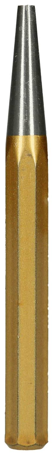 Ein einzelner goldfarbener Buntstift mit einem silberfarbenen Spitzenbereich in Nahaufnahme.