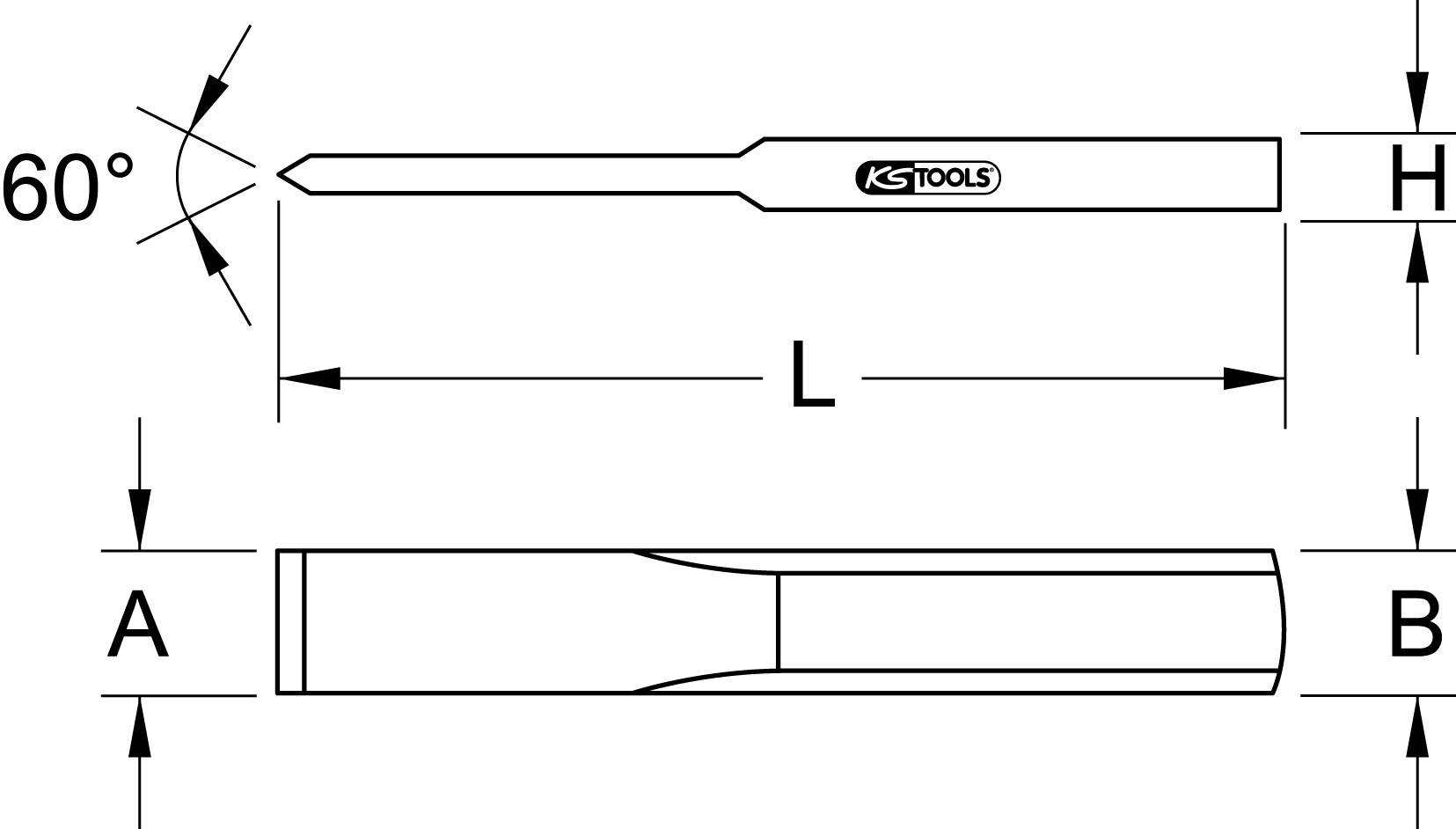 Technische Zeichnung eines Werkzeugs mit spitzem Ende. Winkel von 60° und Längenangaben A, B, L, H, mit Herstellerlogo.