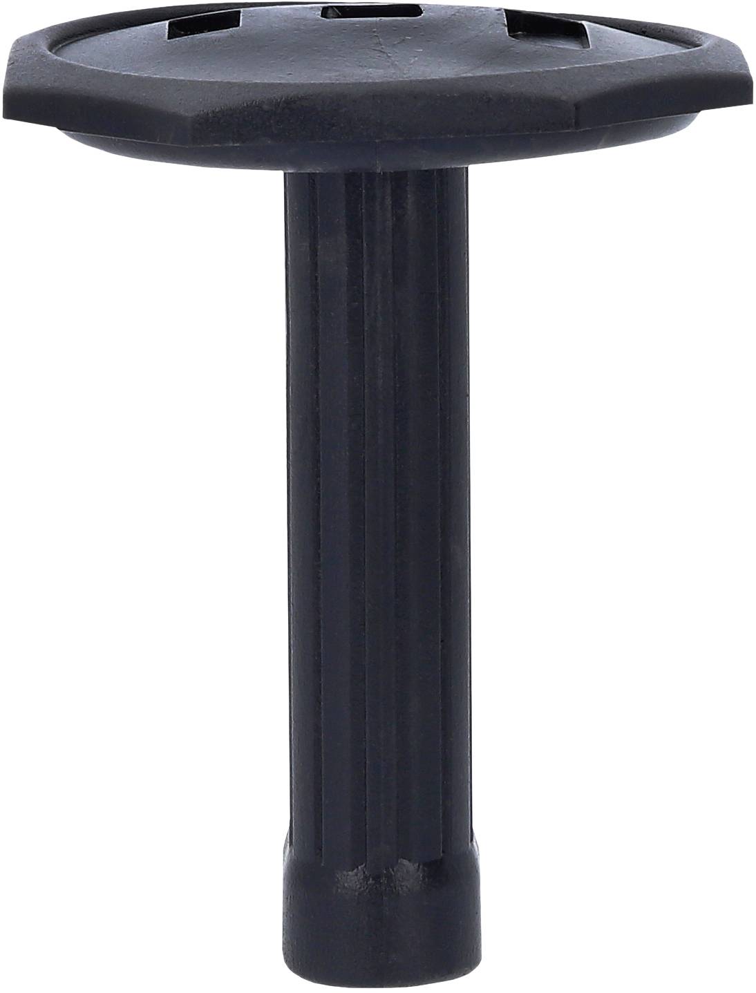 Ein schwarzer runder Stuhlbein-Puffer mit gerilltem Stab zeigt universelle Design-Elemente für verschiedene Möbeltypen.