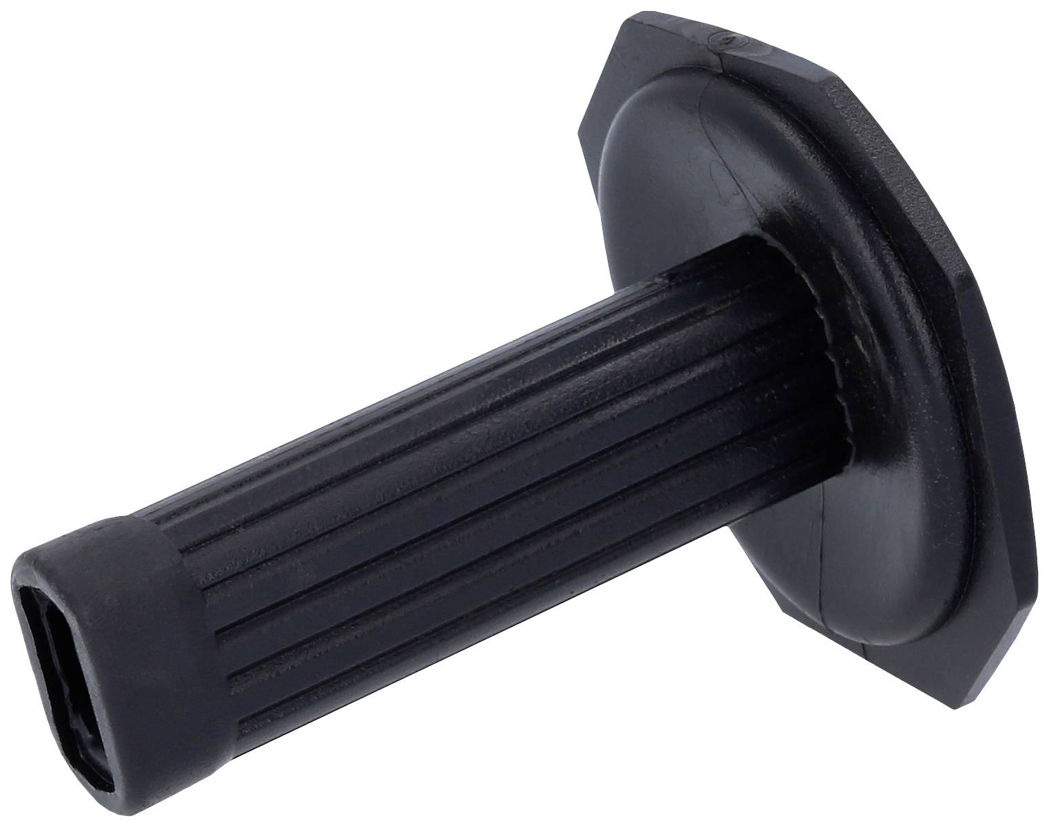 Ein schwarzes Kunststoffteil mit einem gerippten zylindrischen Griff und einer sechseckigen Basis, vermutlich ein Griff oder Hebel.