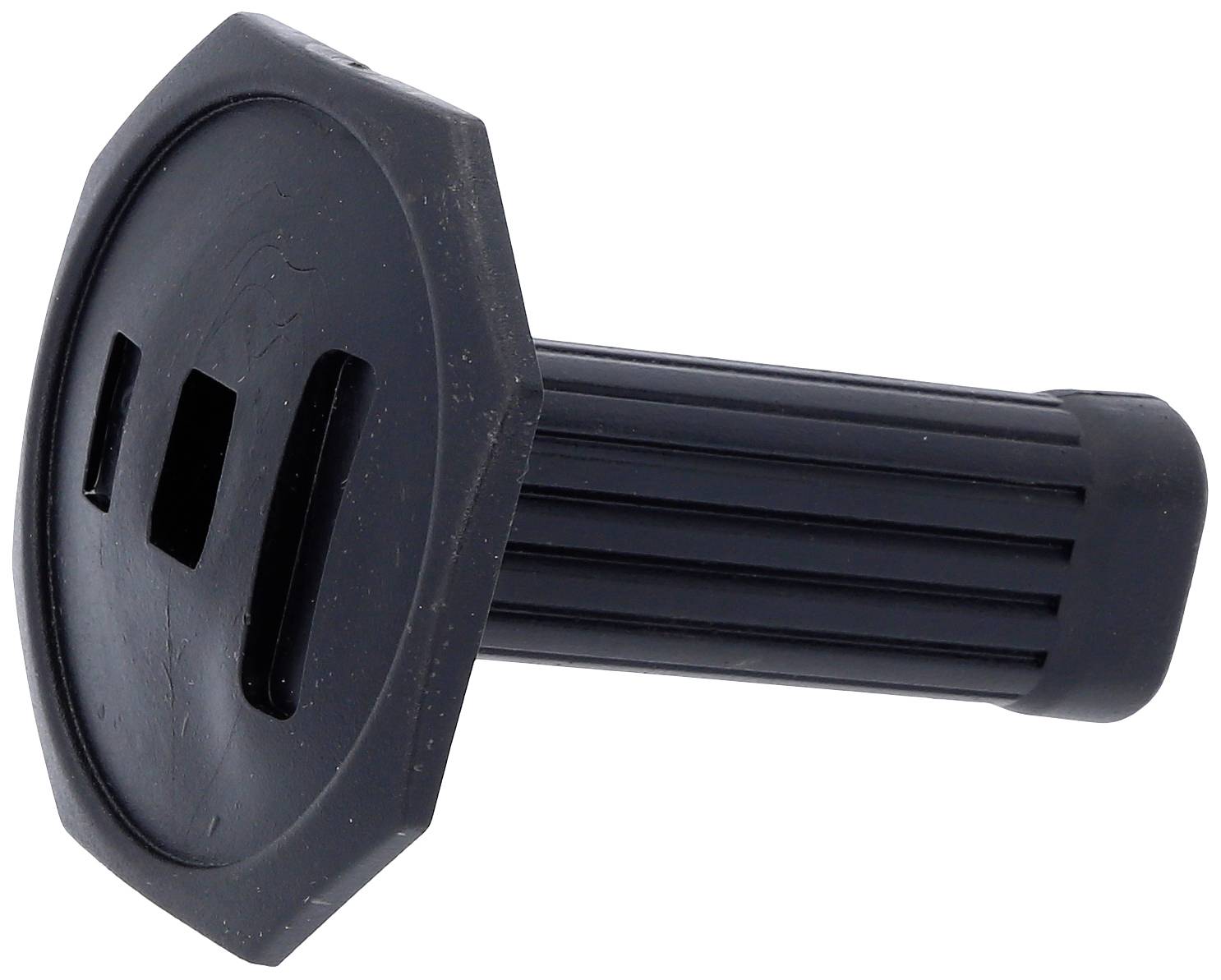 Schwarzer Kunststoffknopf mit gerilltem Griff und zwei rechteckigen Öffnungen auf der Vorderseite, möglicherweise ein Bedienungselement.