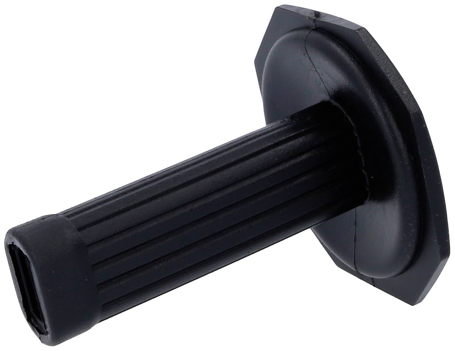 Schwarzer, geriffelter Kunststoffgriff auf einer sechseckigen Basis, möglicherweise Teil eines Werkzeugs oder Geräts für besseren Halt.