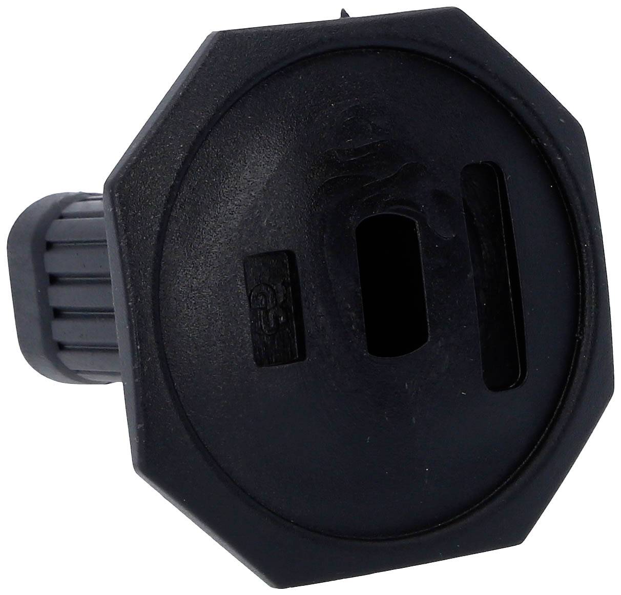 Eine schwarze, achteckige Kunststoffkappe mit runder, gerippter Steckverbindung.