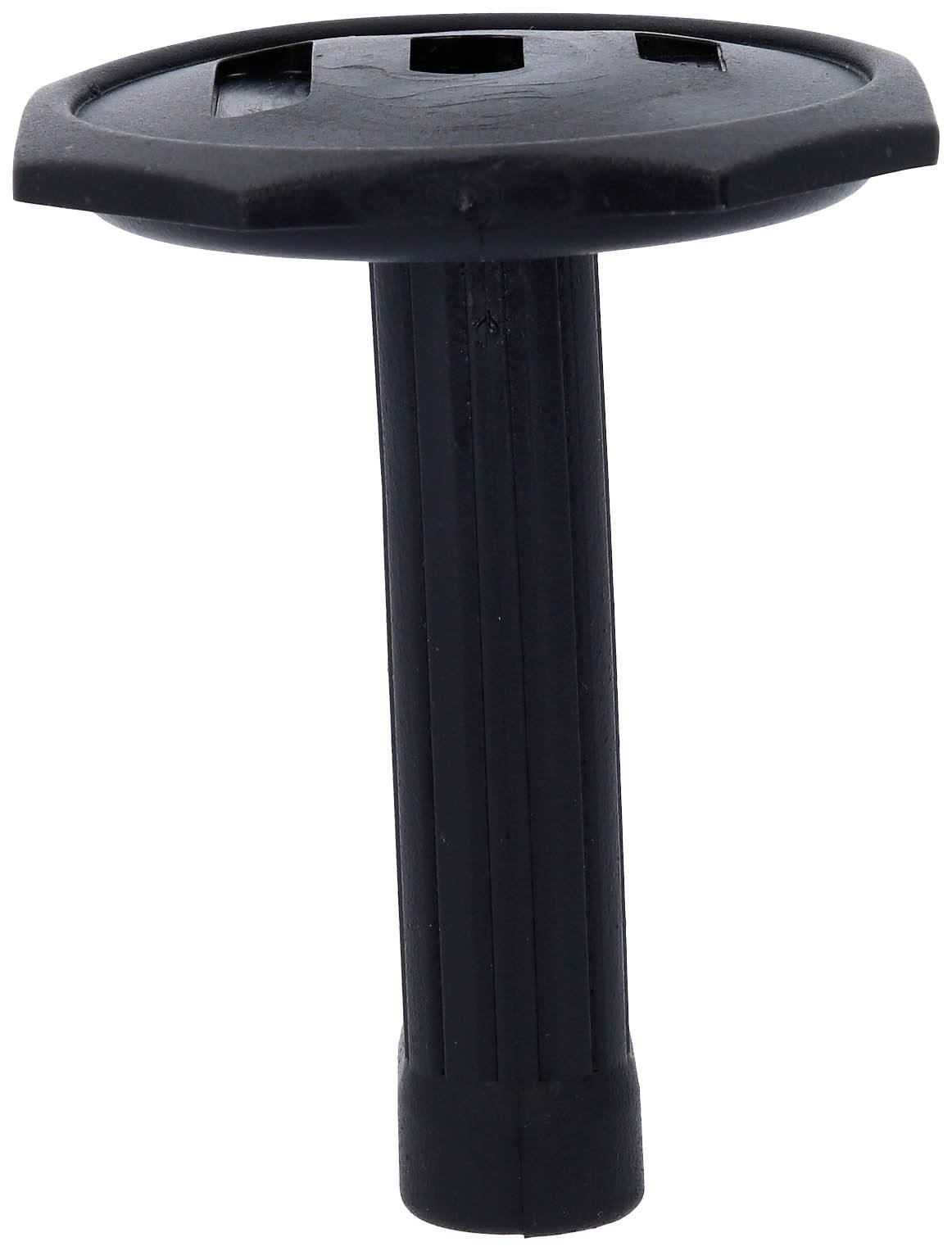 Ein schwarzer, rechteckiger Plastikgriff mit geripptem Stiel. Kann Teil eines Werkzeugs oder einer Maschine sein.