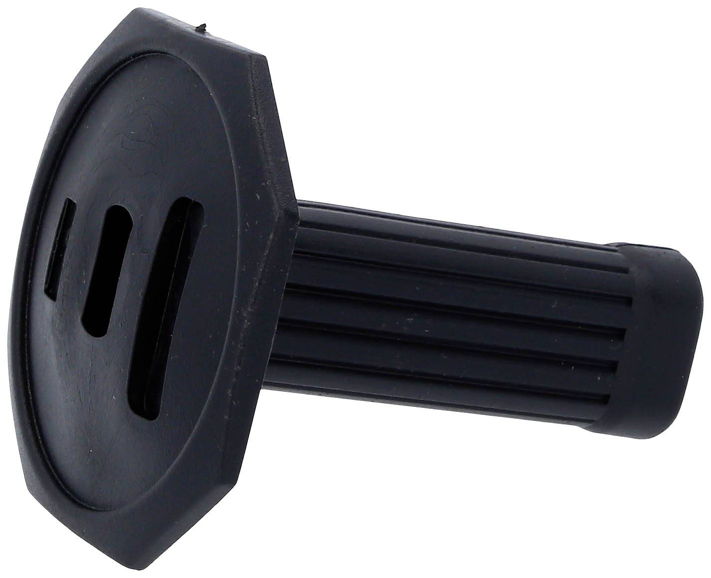 Schwarzer Kunststoffgriff mit ovaler, strukturierter Form und geripptem Griff, möglicherweise ein Teil von Werkzeug oder Gerät.
