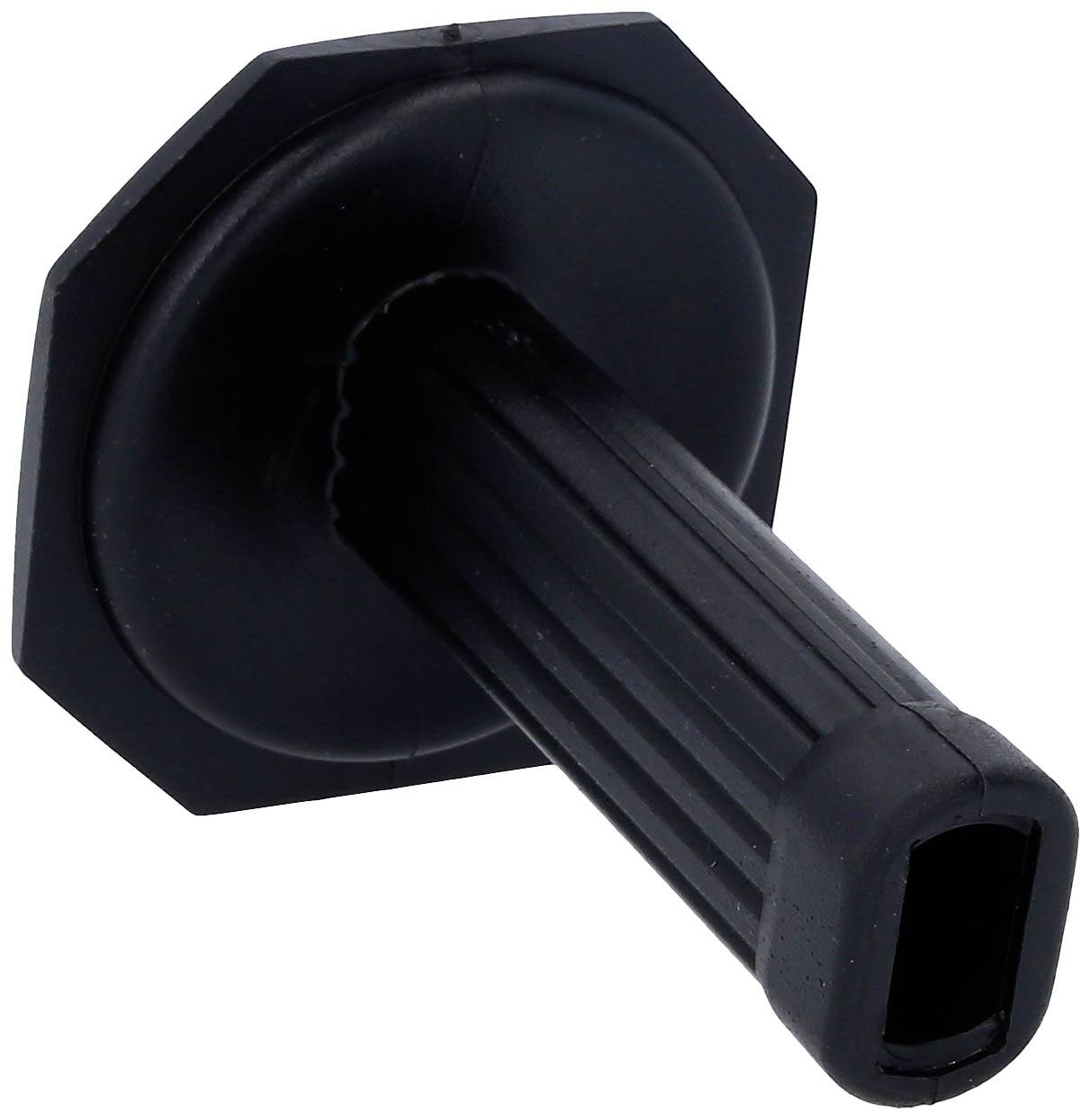 Schwarzer Kunststoffgriff mit achteckiger Basis, gerillter Oberfläche, und ovalem Innenbereich, möglicherweise für Werkzeuge geeignet.