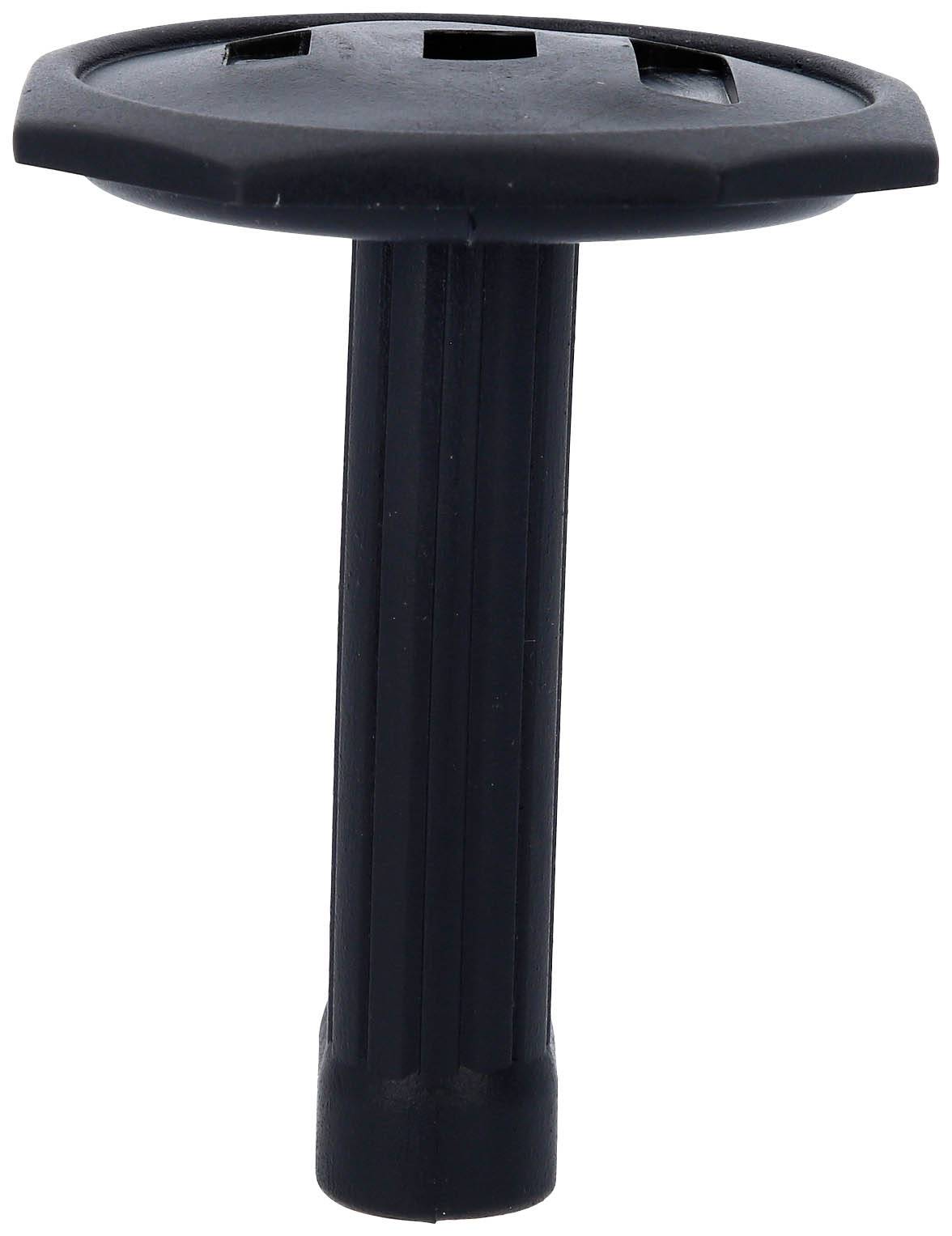 Schwarzer Kunststoffadapter mit geriffeltem Schaft und runder, flacher Oberseite, möglicherweise für Möbel oder Gerätebefestigung.