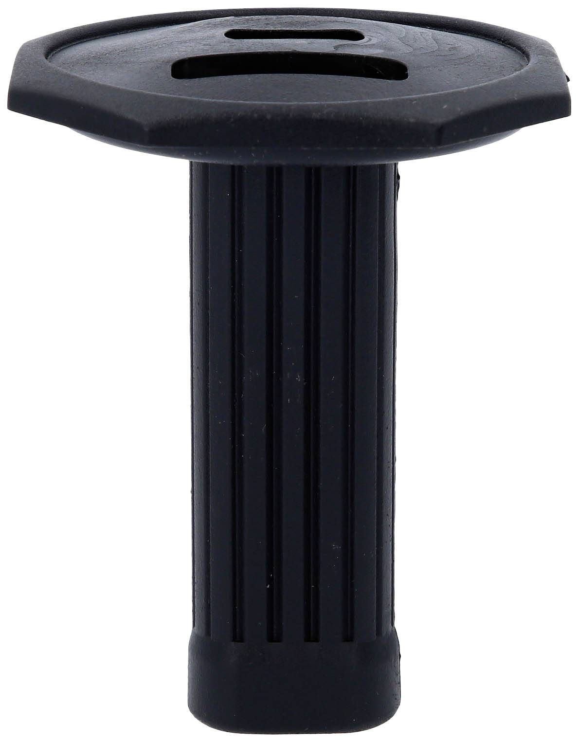 Schwarzer Kunststoffgriff mit Rillen, wahrscheinlich Teil eines Werkzeugs oder Sportgeräts, isoliert auf weißem Hintergrund.