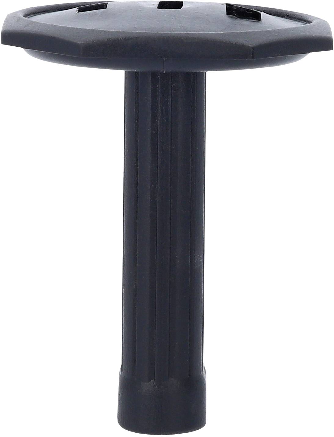 Ein schwarzer Kunststoffsockel mit geriffelter Stange. Oberseite ist flach, rund mit kleinen Schlitzen. Dient als Stütze oder Halterung.