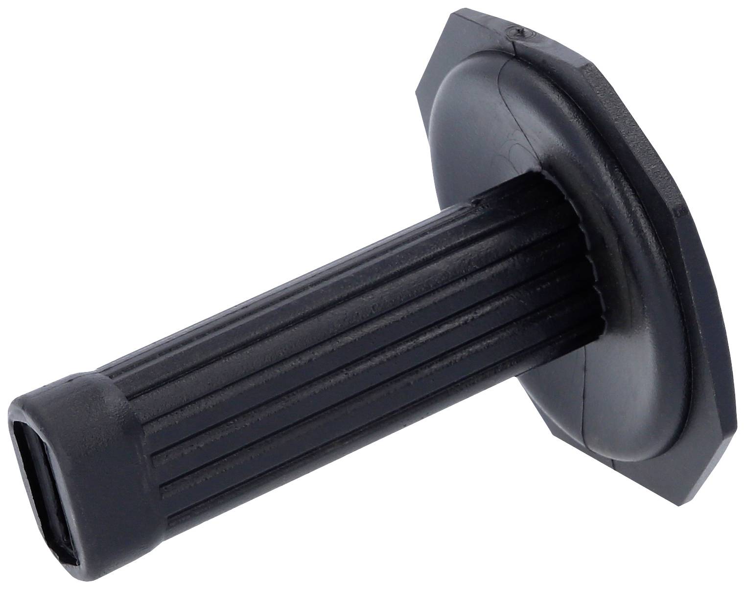 Ein schwarzer, strukturierter Kunststoffgriff mit Sechskantbasis, geeignet für den Einsatz an Werkzeugen oder Maschinen.