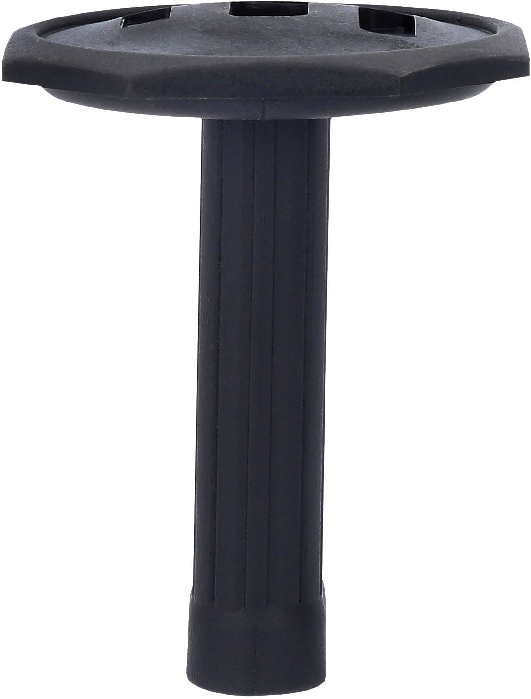Ein schwarzer, runder Gummifuß eines Gehstocks mit einer gerippten Stange für besseren Halt auf verschiedenen Oberflächen.