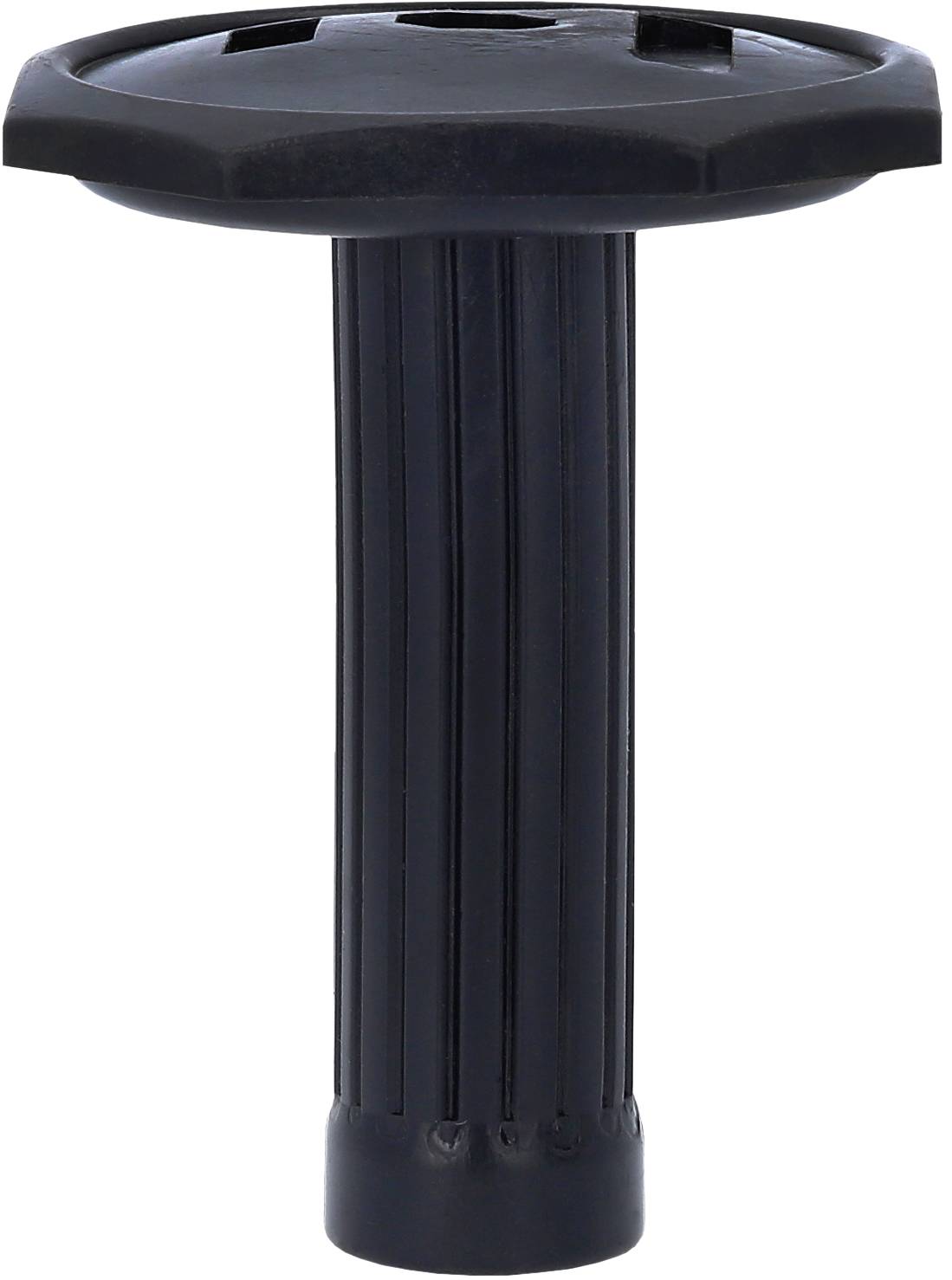 Ein schwarzer, vertikaler Kunststoffgriff mit geripptem Design, passend für Fahrradlenker oder ähnliche Sportgeräte.