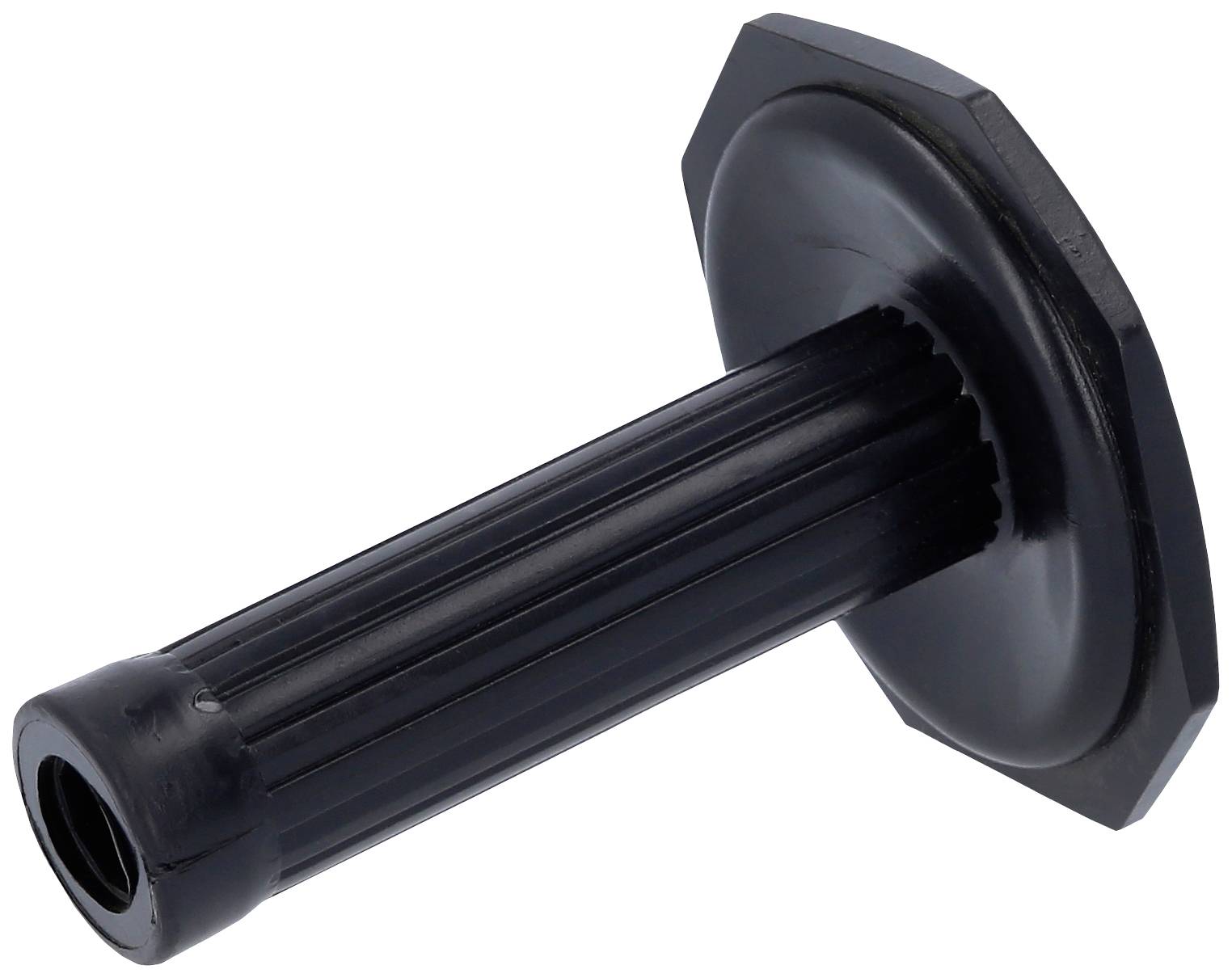 Schwarzer Kunststoffgriff mit Rillen und runder Basis. Verwendet für Werkzeug- oder Maschinenbedienungen.