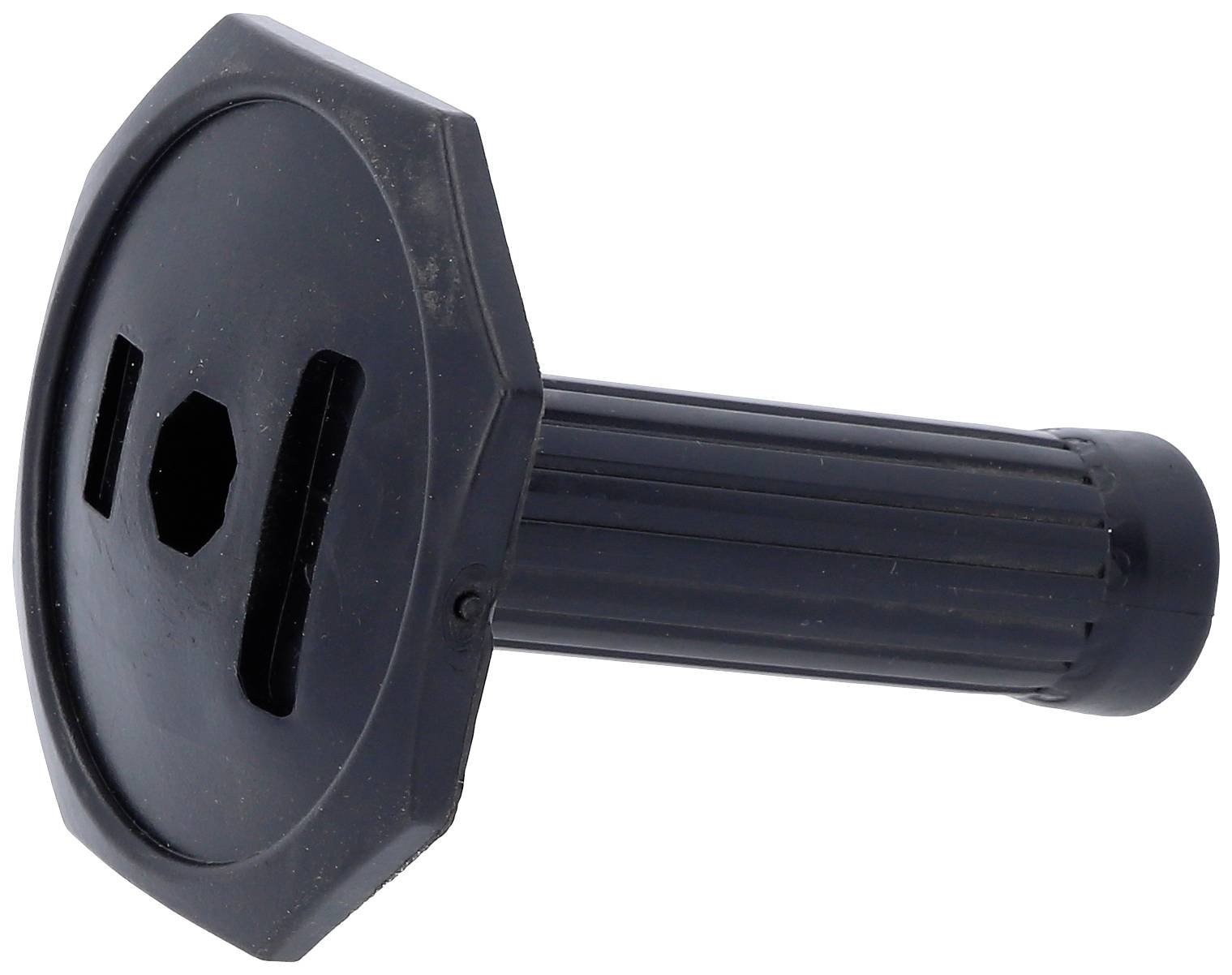 Ein schwarzer Plastikgriff mit gerilltem Griff und sechseckiger Basis, seitlich dargestellt. Verwendet für Schraubendreher oder ähnliche Werkzeuge.
