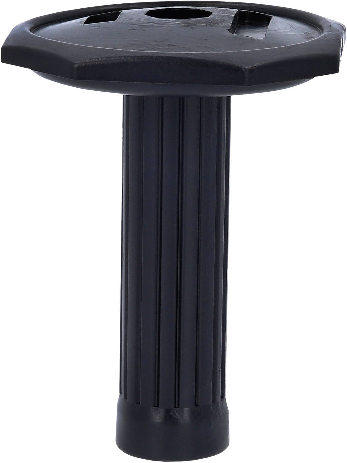Ein schwarzer Kunststoffständer mit geriffeltem Griff, geeignet für Möbel oder Bauanwendungen.