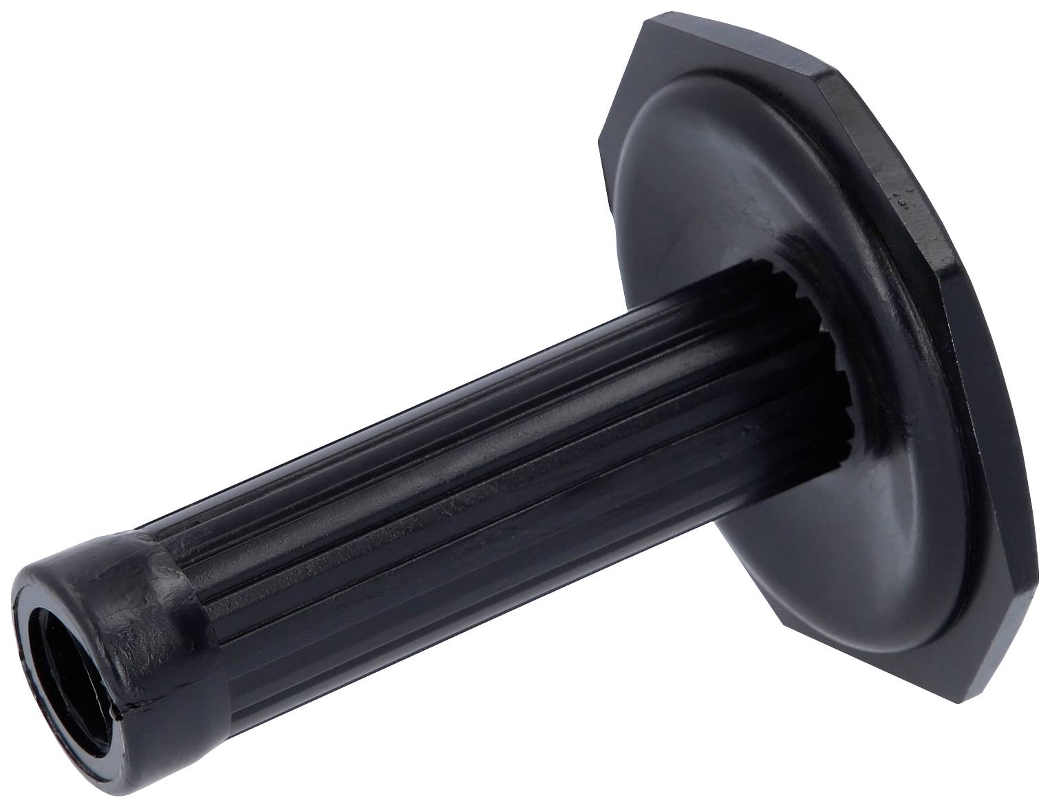Schwarzer Gummigriff mit Rippen für besseren Halt, eignet sich für Fahrräder oder Roller, seitliche Winkelansicht.