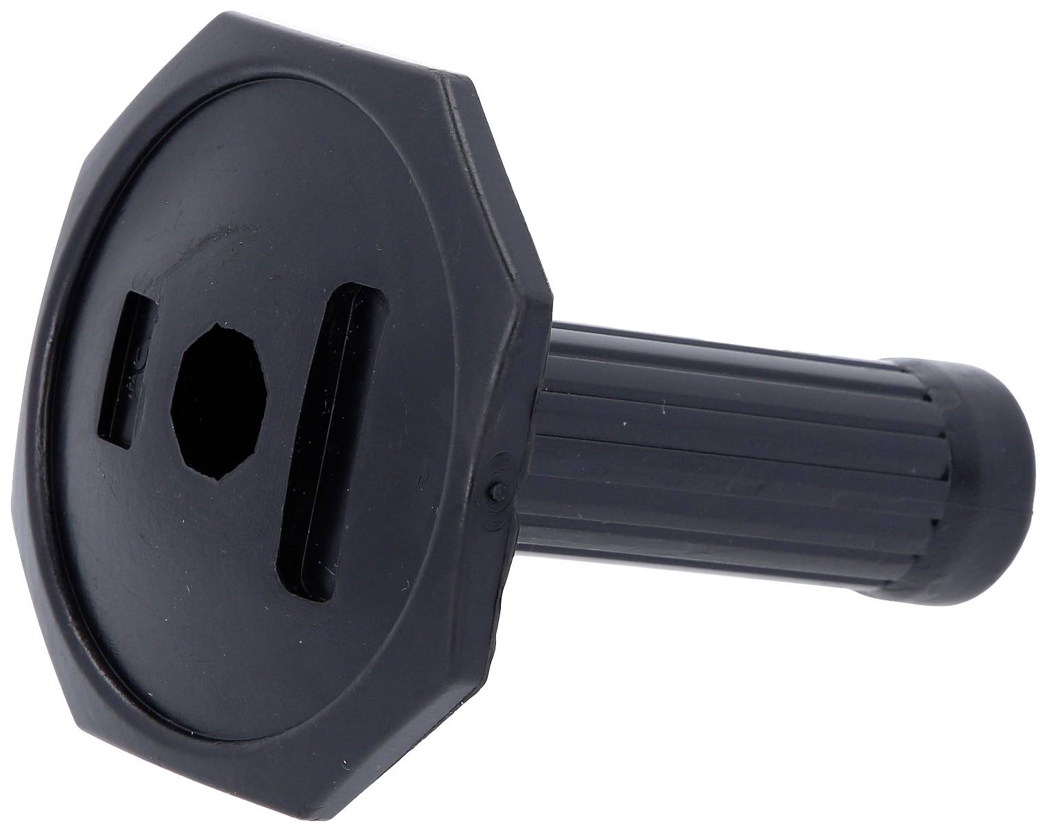 Schwarzer runder Kunststoffgriff mit geriffelten Seiten, geeignet für Werkzeuge oder Geräte.