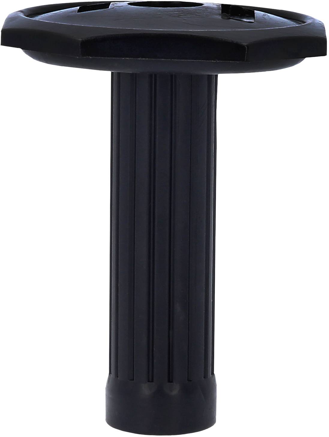 Ein schwarzer Kunststoff-Baustützenkopf, typisches Bauzubehör, mit geriffelter Oberfläche für Stabilität und Haltbarkeit.