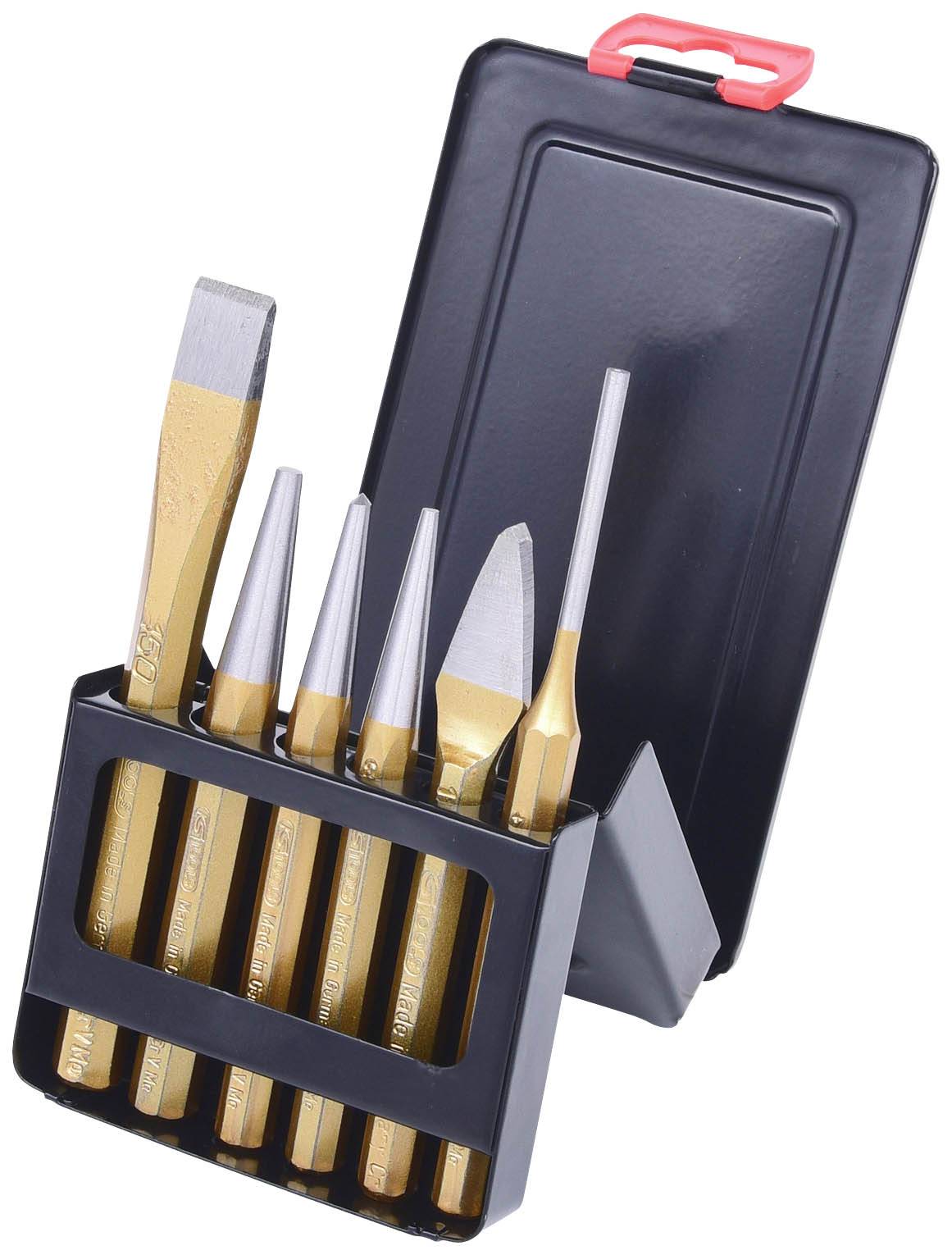 Ein sechs-teiliges goldfarbenes Metallmeißel- und Schlagdornset in einem schwarzen Kunststoffetui mit rotem Griff.