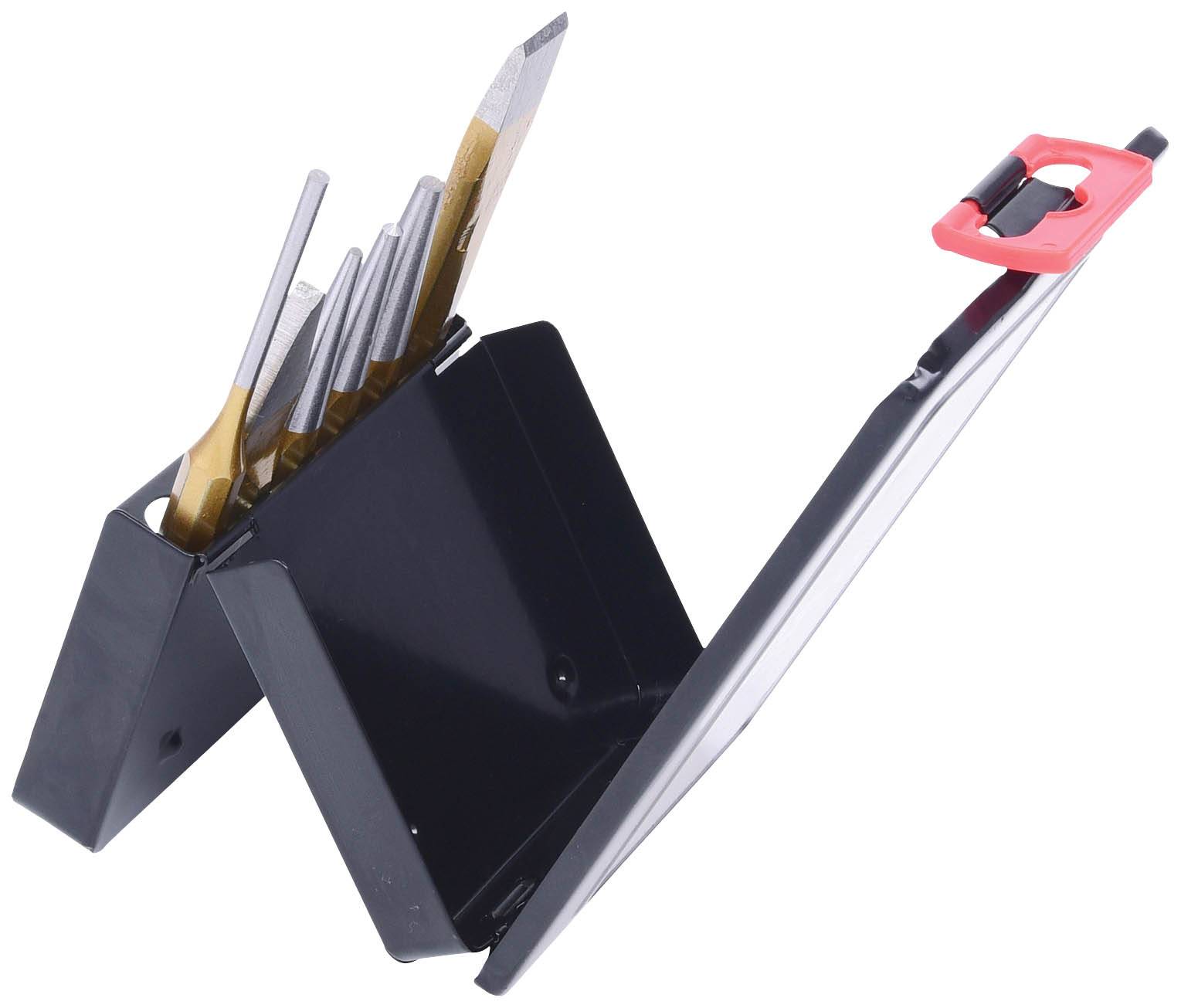 Werkzeugset mit verschiedenen Meißeln in einem schwarzen Kunststoffhalter. Deckel ist offen und zeigt ein rotes Verschlussdetail.