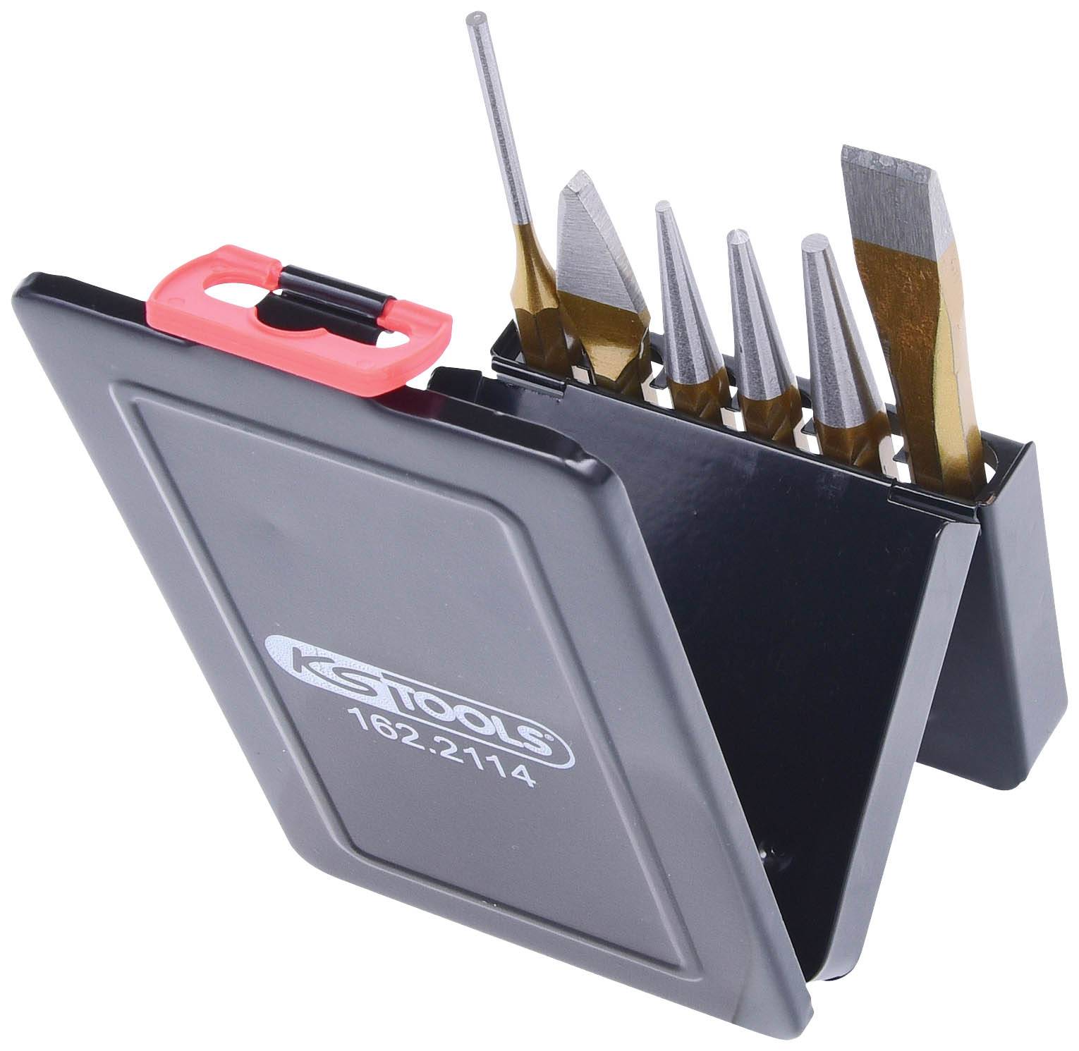 Ein Satz mit sechs verschiedenen Meißeln in einem schwarzen Kunststoffetui.